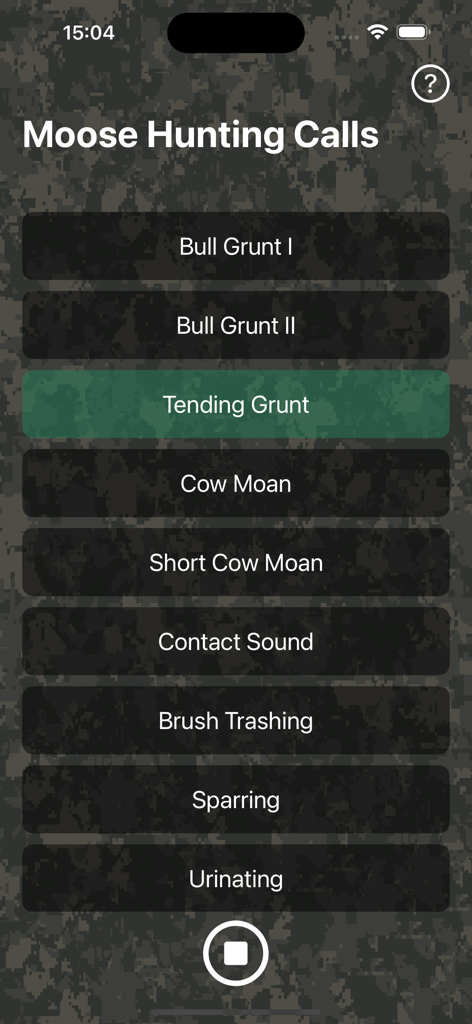 Moose Hunting Calls - Interface of the Moose Hunting Calls app showing a list of professional moose calls with a camouflage background
