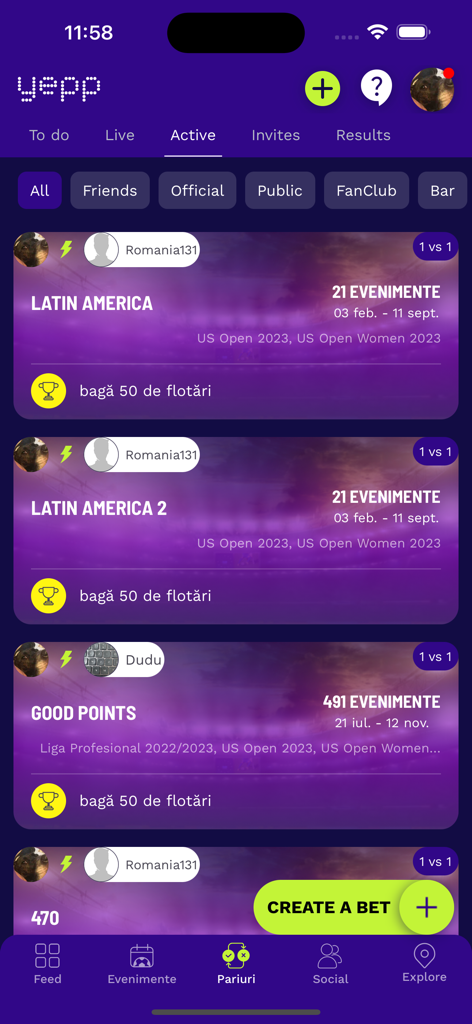 Yepp - Interface of the Yepp app showing a list of active 1v1 sports prediction challenges and a create a bet button