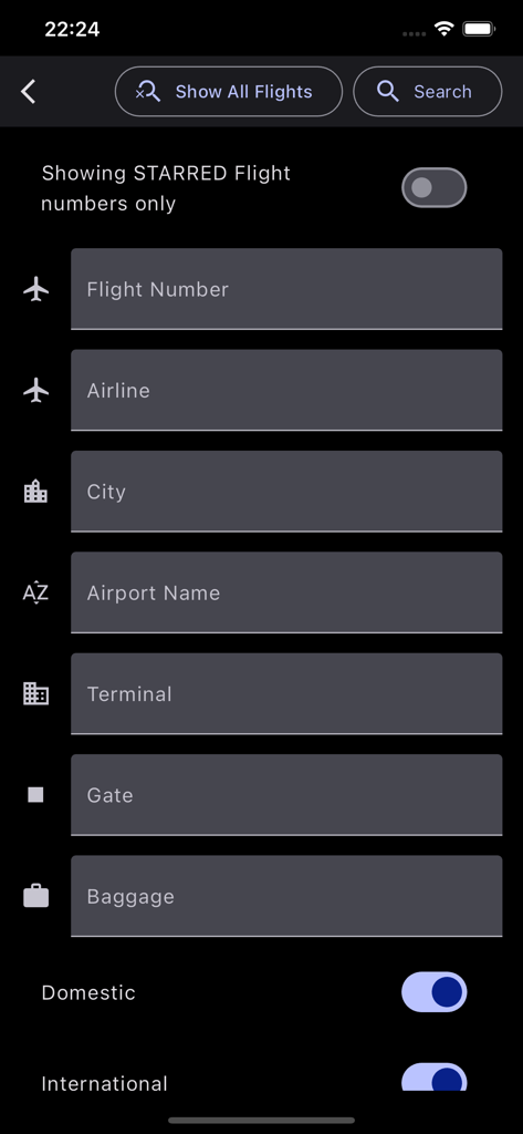 Search screen of the Newark Airport app showing flight number airline city and terminal filters