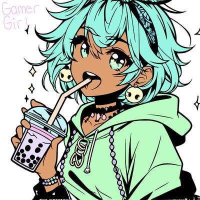 hot baddie anime girl drinking boba and biting the straw
