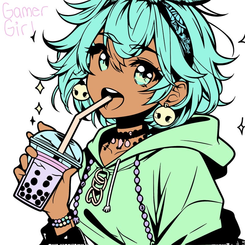 hot baddie anime girl drinking boba and biting the straw