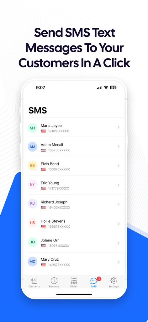 JustCall mobile app interface showing the SMS contact list for business messaging