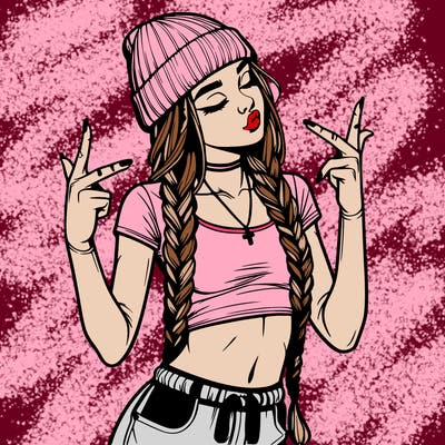 realistic teenage girl with braids and a beanie and crop top doing 🫶🏼