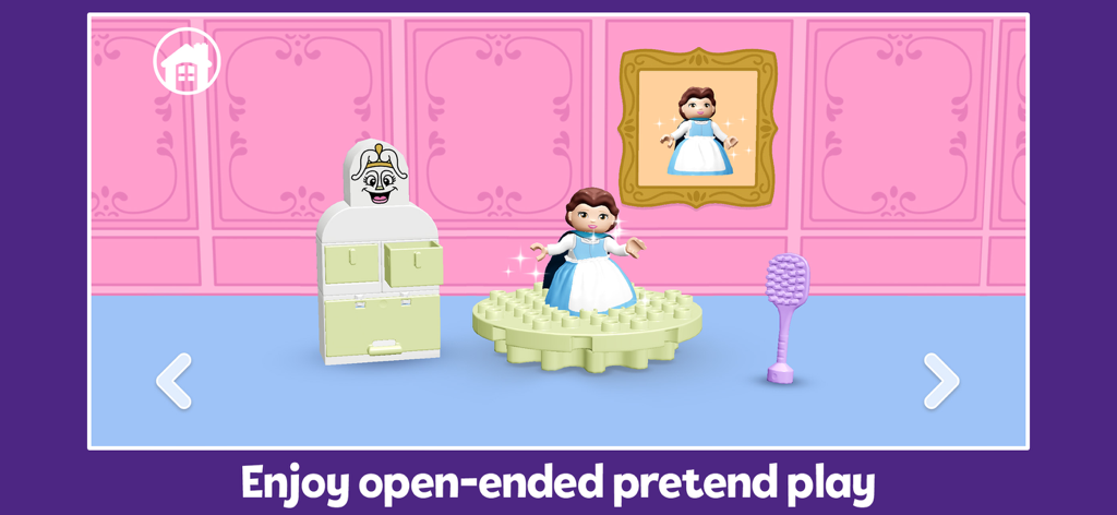 LEGO® DUPLO® Disney - Pantalla del juego LEGO DUPLO Disney que muestra a Bella de La Bella y la Bestia en una habitación rosa con muebles interactivos.
