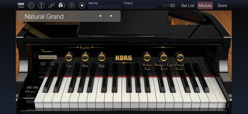 Interface do KORG Module Pro mostrando o piano Natural Grand com botões de controle e teclas