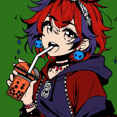 hot baddie anime girl drinking boba and biting the straw
