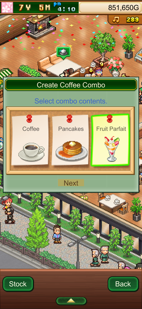 Cafe Master Story - Uma captura de tela em pixel art do menu Criar Combos de Café em Cafe Master Story mostrando panquecas de café e opções de parfait de frutas