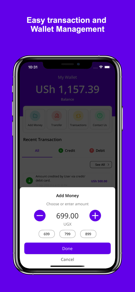 Lyf. - Interfaz de la billetera de la app Lyf mostrando el saldo y opciones para añadir dinero en UGX
