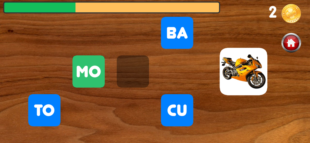 Educational game screen showing the Spanish word moto being formed with syllables