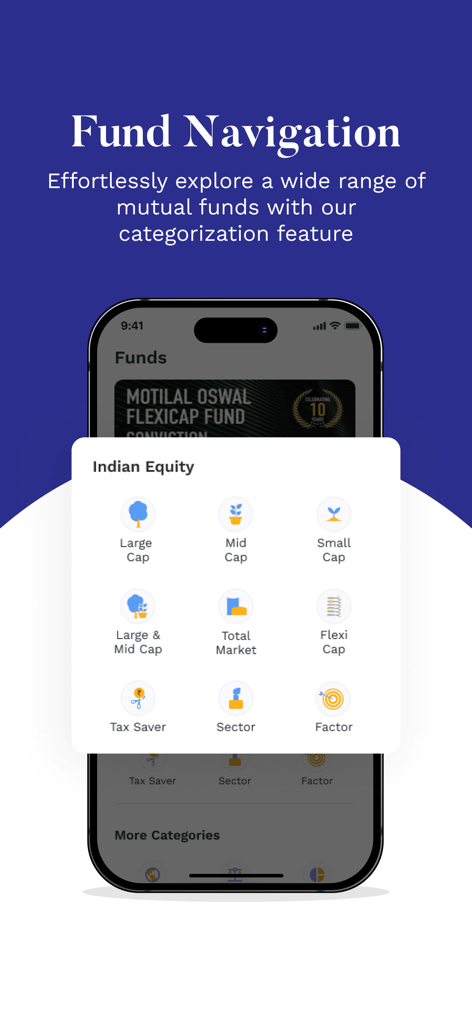 Tela móvel mostrando categorias de navegação de fundos mútuos como Large Cap e Mid Cap em Renda Variável Indiana