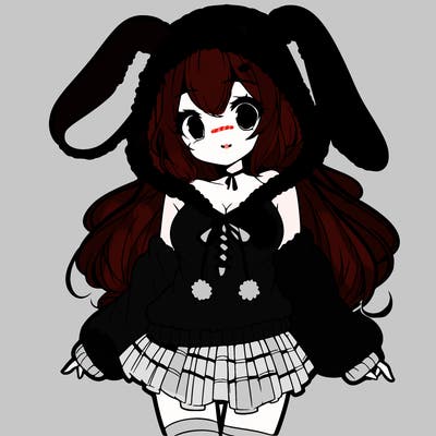 pretty anime girl wearing a fluffy hoodie with bunny ears on the hood and a skirt