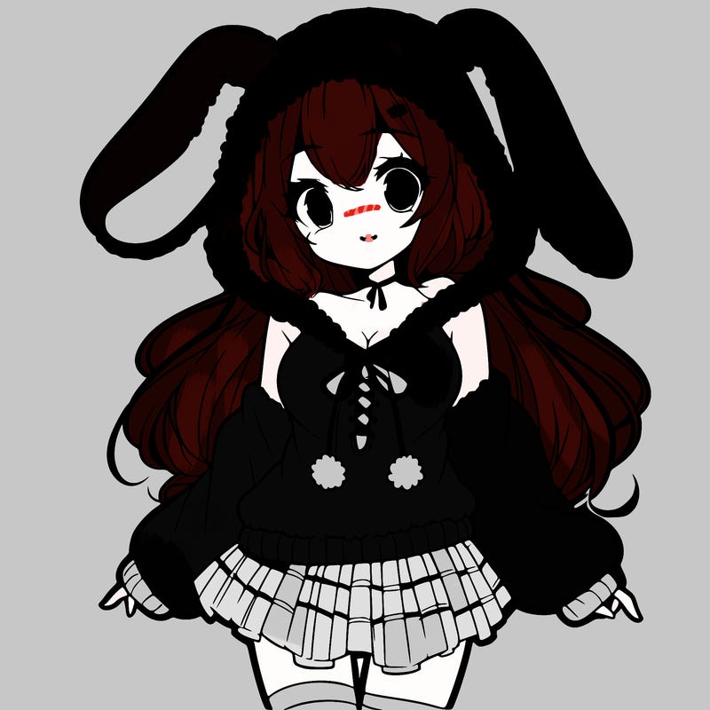 pretty anime girl wearing a fluffy hoodie with bunny ears on the hood and a skirt