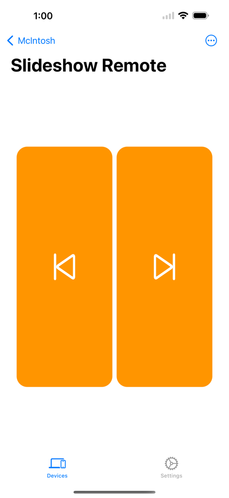 KDE Connect - Application KDE Connect montrant l'interface de télécommande de diaporama avec deux grands boutons de navigation orange