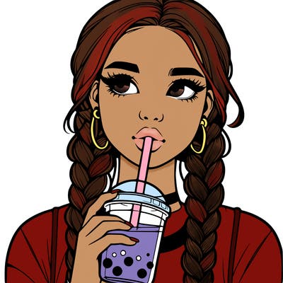 realistic girl with braided hair drinking boba