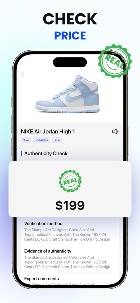 QR Scanner & AI Card - Interfaz de aplicación móvil que muestra el precio del producto y la verificación de autenticidad de un par de zapatillas.