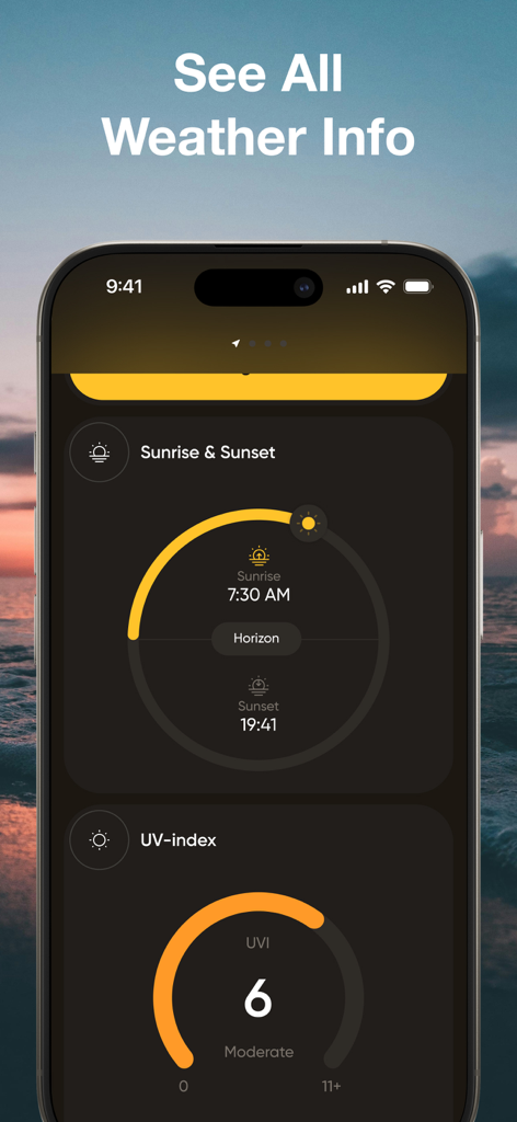 NOAA Weather Radar Forecast - NOAA天気アプリのインターフェースで、日の出とUV指数を表示
