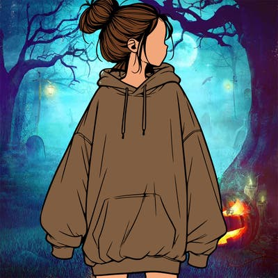 realistic girl with a oversized sweatshirt on and a bun