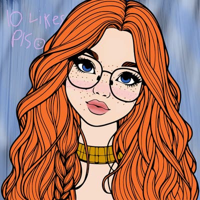 girl with long hair and freckles and glasses realistic