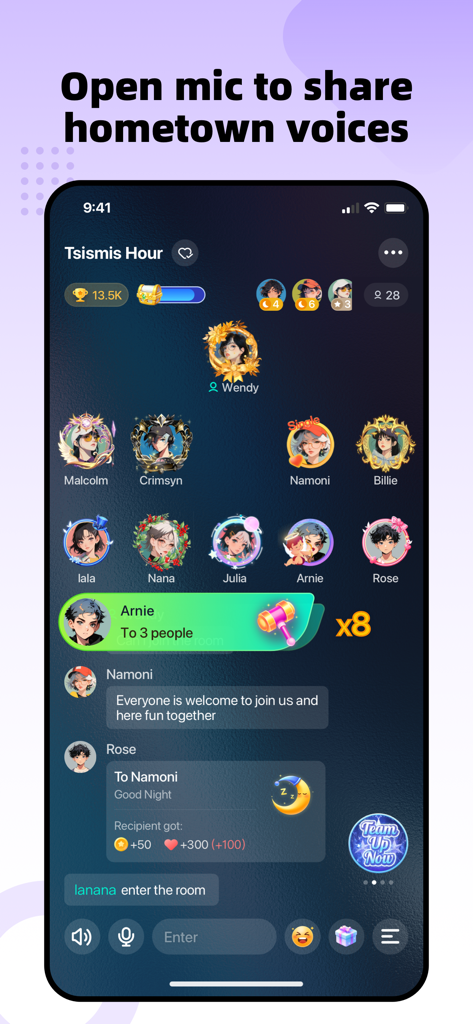 Pusov: Connect Filipinos - Interface of the Pusov app showing a group voice chat room called Tsismis Hour with several user avatars.