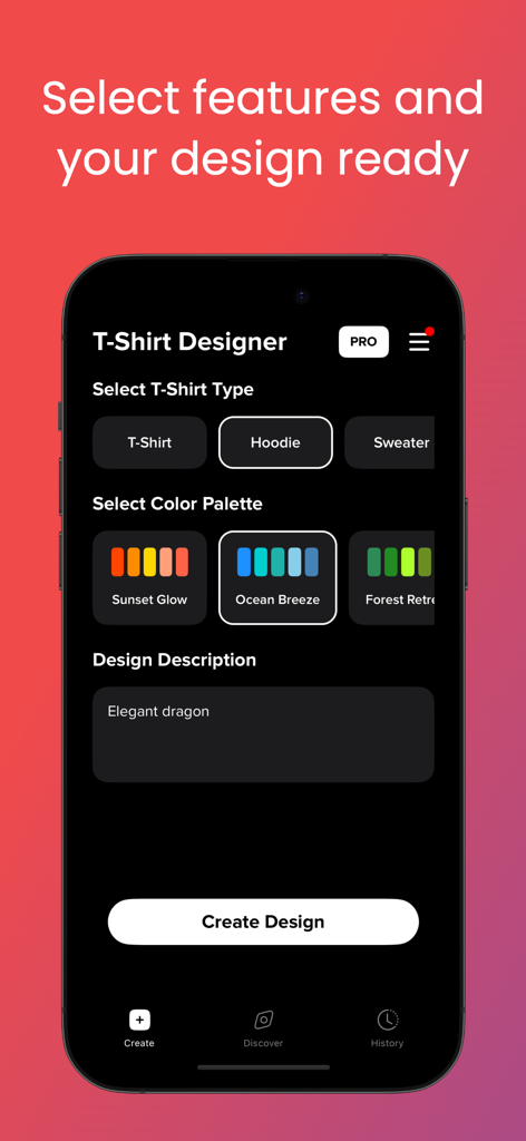 T-Shirt Designer: AI Fashion - User interface of the T-Shirt Designer app with settings for clothing type color palette and AI prompt