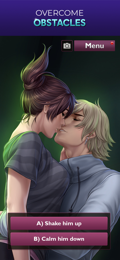 An interactive romantic scene in Is It Love Drogo Vampire showing two characters and story choice buttons