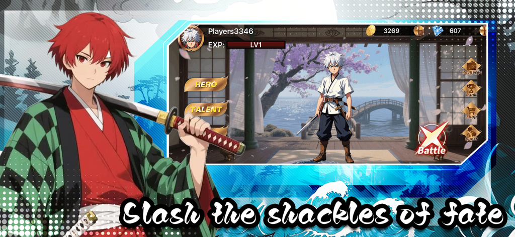 Main menu of Swordsman Redemption showing a red-haired anime character and battle options set against a serene Japanese landscape.