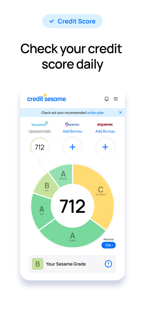 Credit Sesame: Grow Your Score - Credit Sesame app displaying a credit score of 712 with daily tracking and letter grade overview