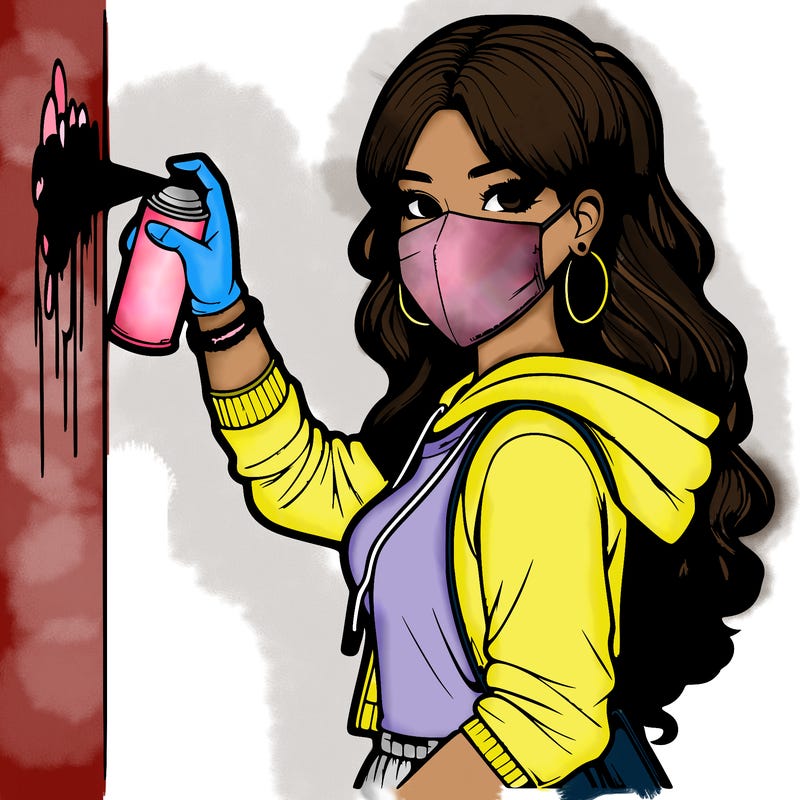 realistic girl with mask spray painting a wall