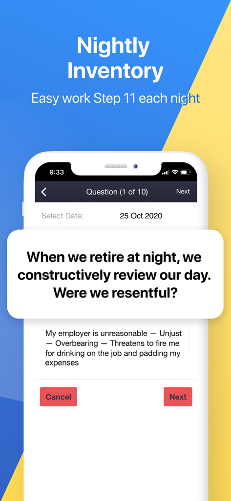 My Spiritual Toolkit AA Steps - My Spiritual Toolkit app Step 11 Nightly Inventory question screen