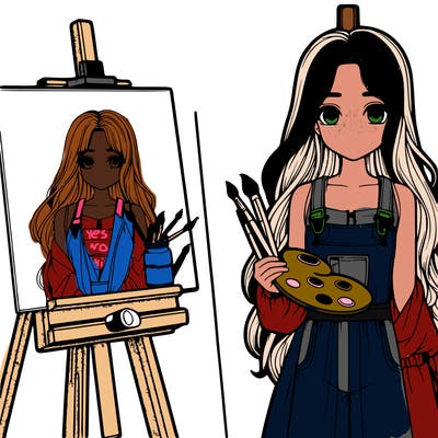 a realistic girl with long hair and shes a painter shes holding a paint pallet and easel with a blank canvas on it next to her