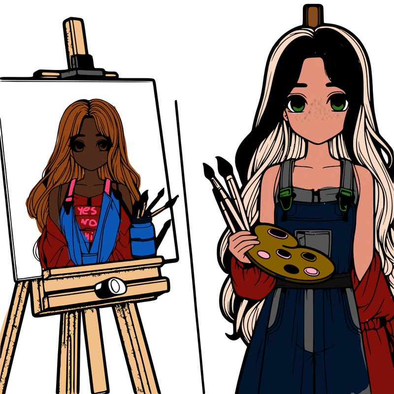 a realistic girl with long hair and shes a painter shes holding a paint pallet and easel with a blank canvas on it next to her