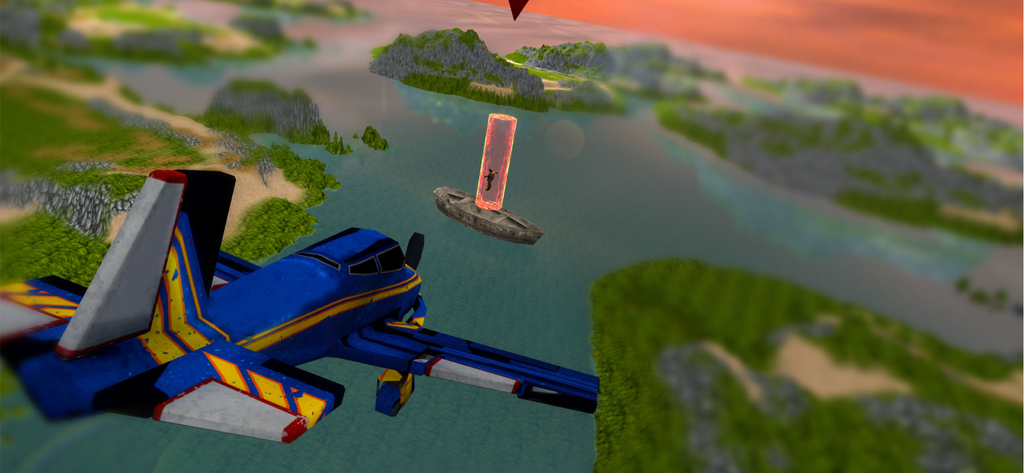 A blue airplane flying through a glowing checkpoint over a boat in a 3D tropical environment.