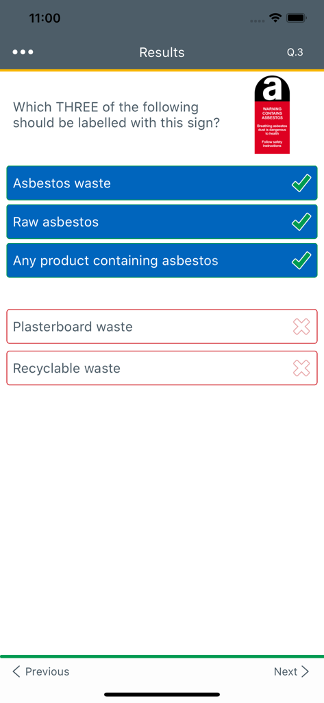 Results screen of the CITB HS&E test app showing a multiple-choice question about asbestos warning signs with correct and incorrect answers highlighted