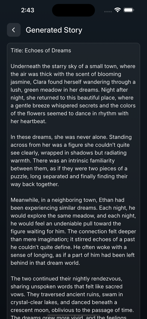 AI Story Creator - Novel Book - A mobile interface showing an AI generated story titled Echoes of Dreams.