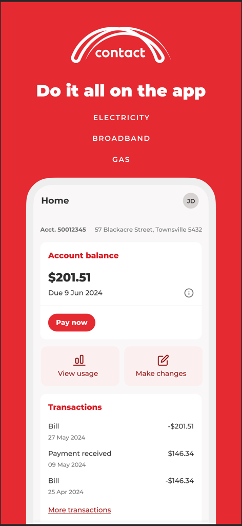 Contact Energy mobile app home screen showing account balance and recent transactions.