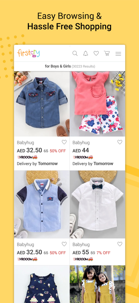FirstCry Arabia: Baby & Kids - Capture d'écran de l'application mobile FirstCry Arabia montrant un catalogue de vêtements pour enfants comme des chemises et des tenues avec prix et réductions
