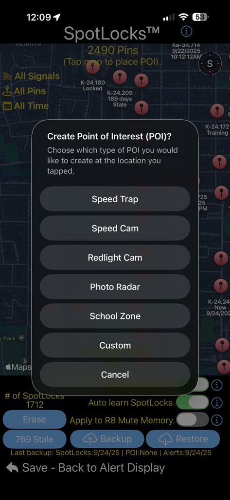 R8 Companion app menu for creating points of interest like speed traps and cameras on a map