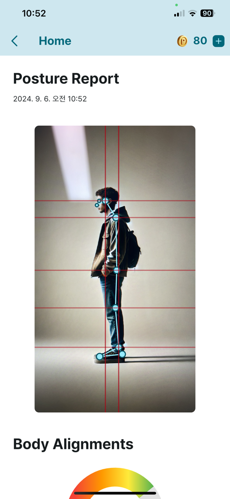 AI posture analysis report showing body alignment with grid lines and joint markers