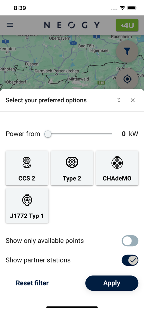 Neogy Mobility app interface showing filters for electric vehicle charging stations including connector types like CCS 2 and CHAdeMO.