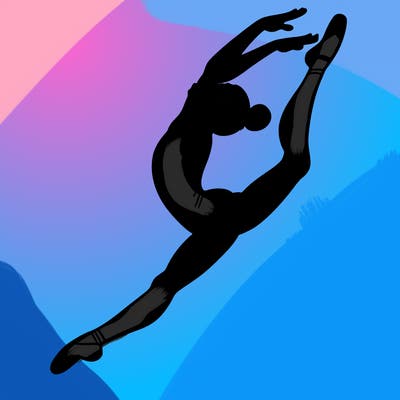 gymnast doing a leap in a leotard with a bent back leg