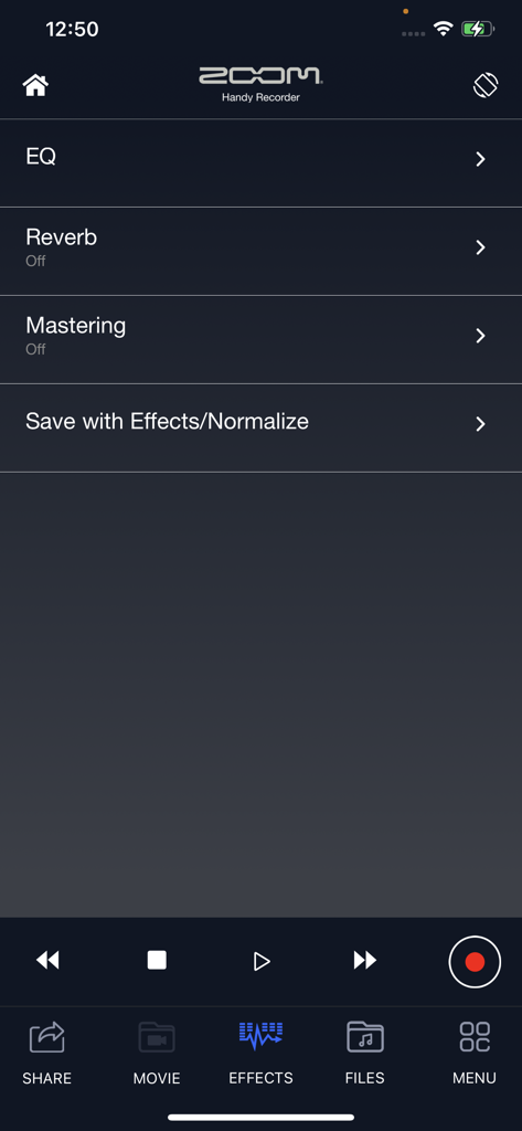 Schermata degli effetti dell'app HandyRecorder che mostra opzioni per EQ, riverbero e mastering