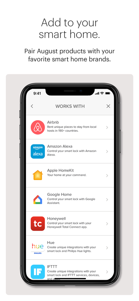 Interfaz de la aplicación August Home mostrando una lista de integraciones de hogar inteligente que incluyen Amazon Alexa Apple HomeKit y Google Home