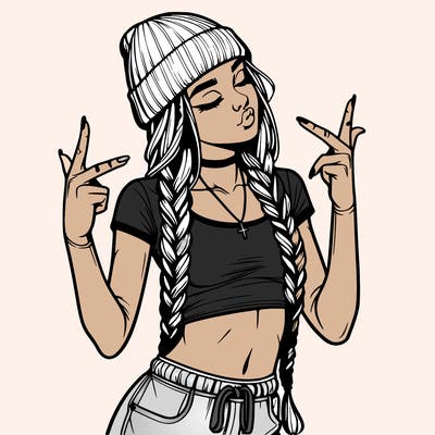realistic teenage girl with braids and a beanie and crop top doing 🫶🏼