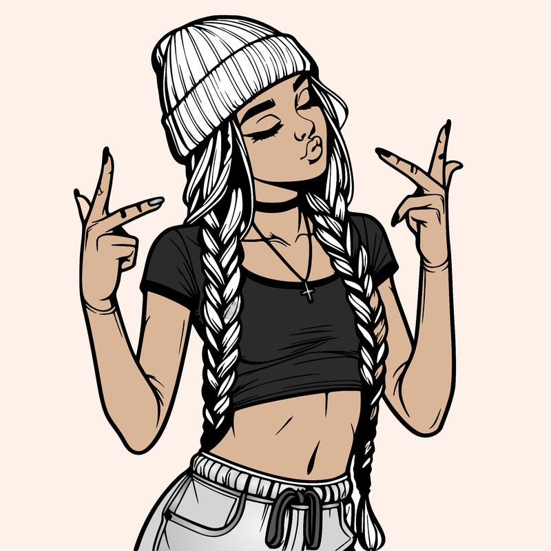 realistic teenage girl with braids and a beanie and crop top doing 🫶🏼
