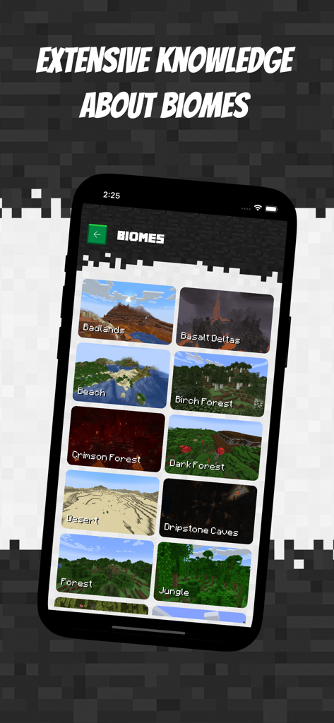 Guide for Minecraft Ultimate - A mobile screen from the Guide for Minecraft Ultimate app displaying various game biomes such as Badlands and Crimson Forest