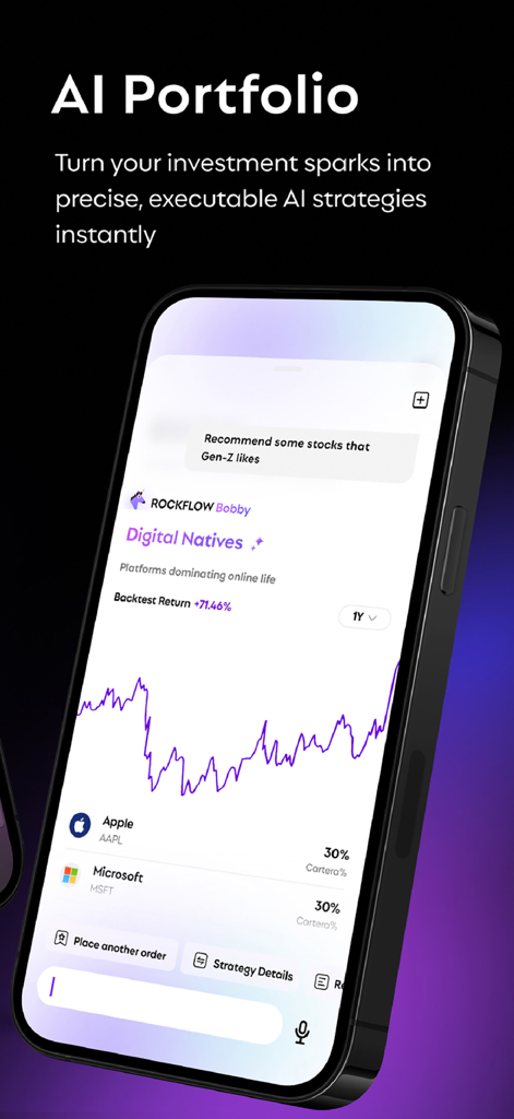 Un smartphone mostrando la función de cartera de IA de la aplicación RockFlow con recomendaciones de acciones para inversores de la Generación Z