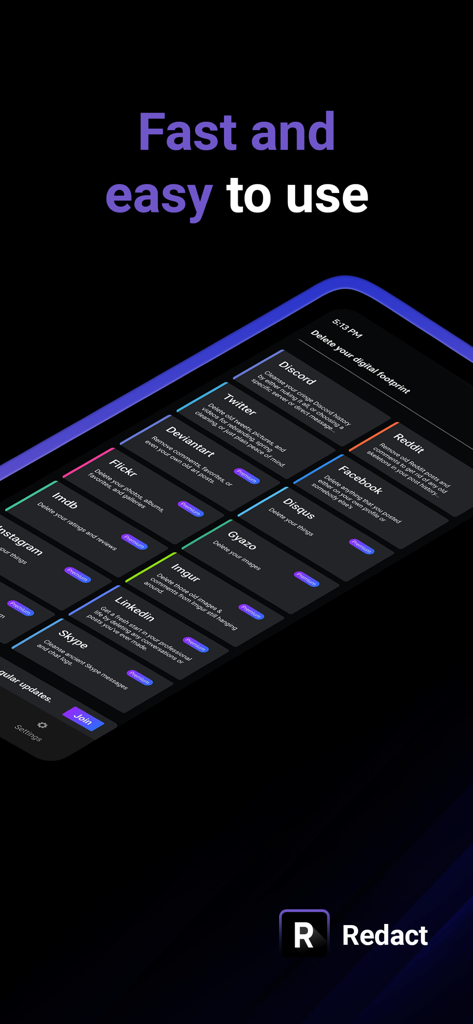 Redact Privacy app dashboard displaying social media platforms for automated content deletion