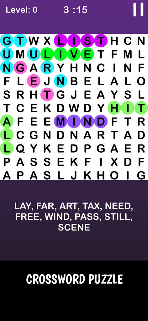 Infinte Crossword Puzzle Game - Interfaz del Juego de Crucigrama Infinito que muestra una cuadrícula de búsqueda de palabras con palabras resaltadas y una lista de palabras para encontrar