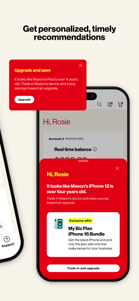 L'app My Verizon For Business mostra consigli personalizzati per l'aggiornamento dei dispositivi e offerte di permuta su uno schermo mobile