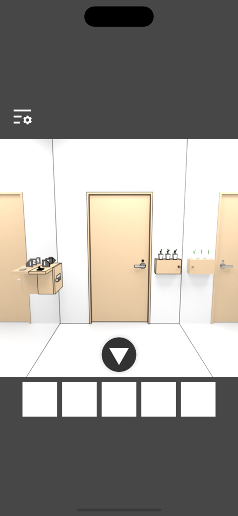 Mirror Room Escape - Gameplay scene from Mirror Room Escape showing a minimalist white room with a central door and puzzle items on shelves.